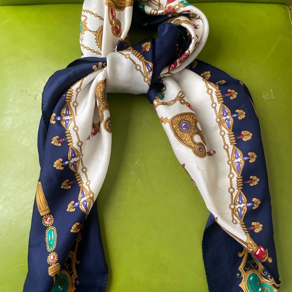 Navy & Cream Jewel-Print Silk-Effect Scarf